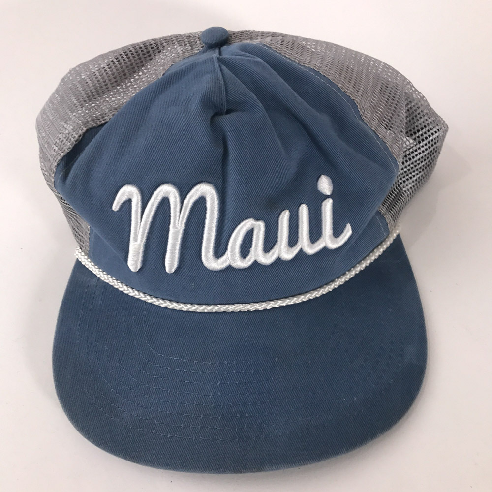 MAUI trucker cap hat white lettering on light blue